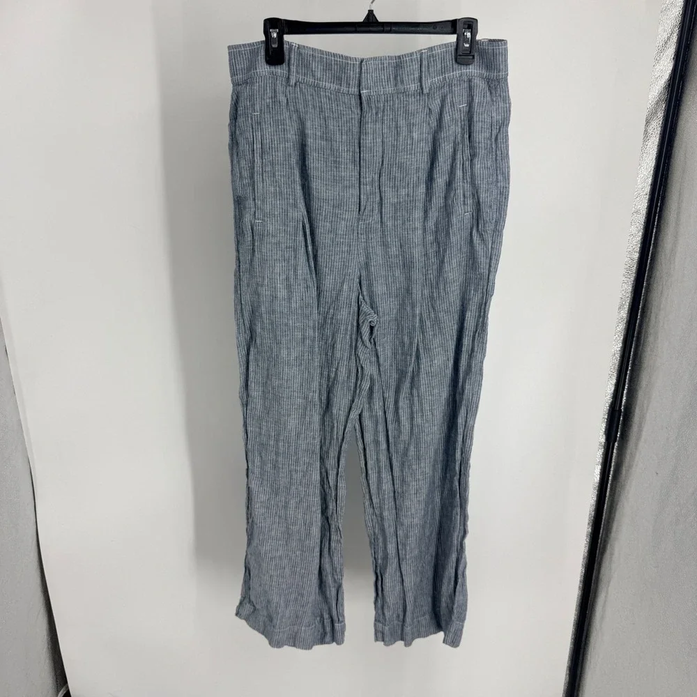 Everlane Blue White Pinstripe Linen Straight Leg Trousers Pants Size 14